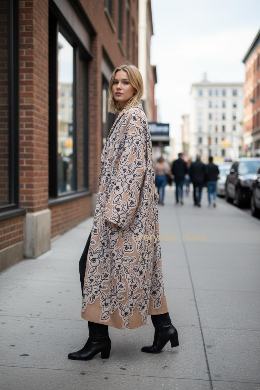 minä perhonen “swing camellia”-カメリアが静かに揺れる、アートをまとう春のコート。